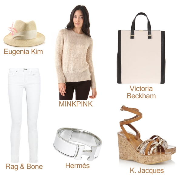 Rag & Bone Straight Jeans, K. Jacques Sandals, Hermès Bracelet, MINKPINK Sweater, Eugenia Kim Hat, and Victoria Beckham Tote