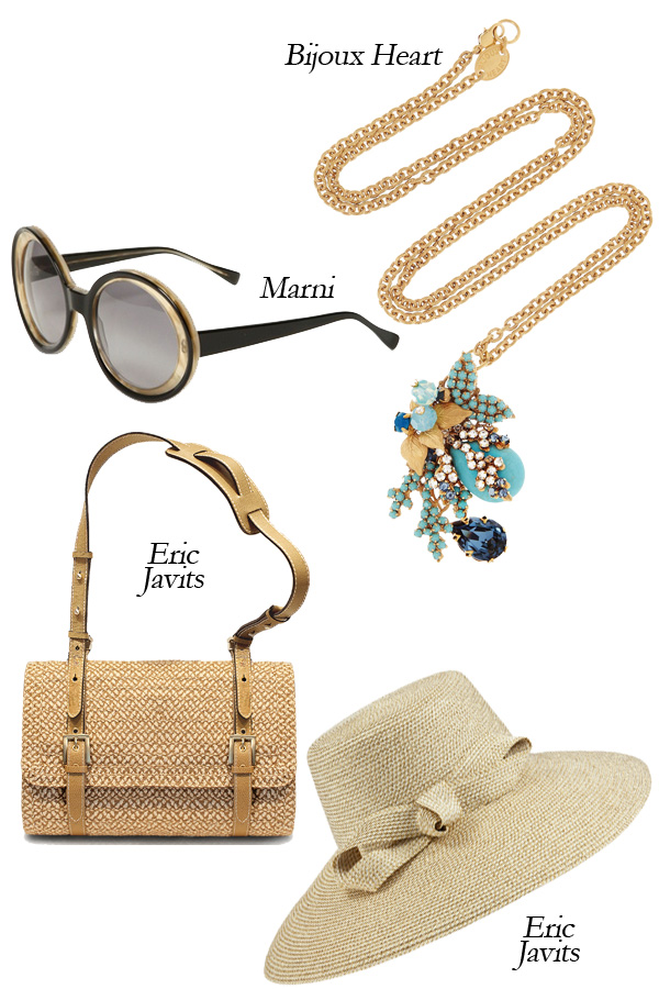 Bijoux Heart Swarovski Crystal Necklace, Eric Javits Shoulder Bag and Hat, Marni Sunglasses