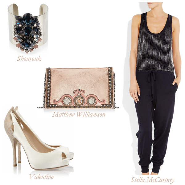 Matthew Williamson Beaded Fringe Embellished Metallic Leather Clutch, Stella McCartney Beaded Jumpsuit, Shourouk Helga Crystal Cluster Cuff, Valentino Satin and Crystal-Embroidered Lace Pumps