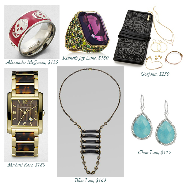 Alexander McQueen Ring, Kenneth Jay Lane Ring, Chan Luu Earrings, Michael Kors Watch, Bliss Lau Necklace, Gorjana Jewelry Set