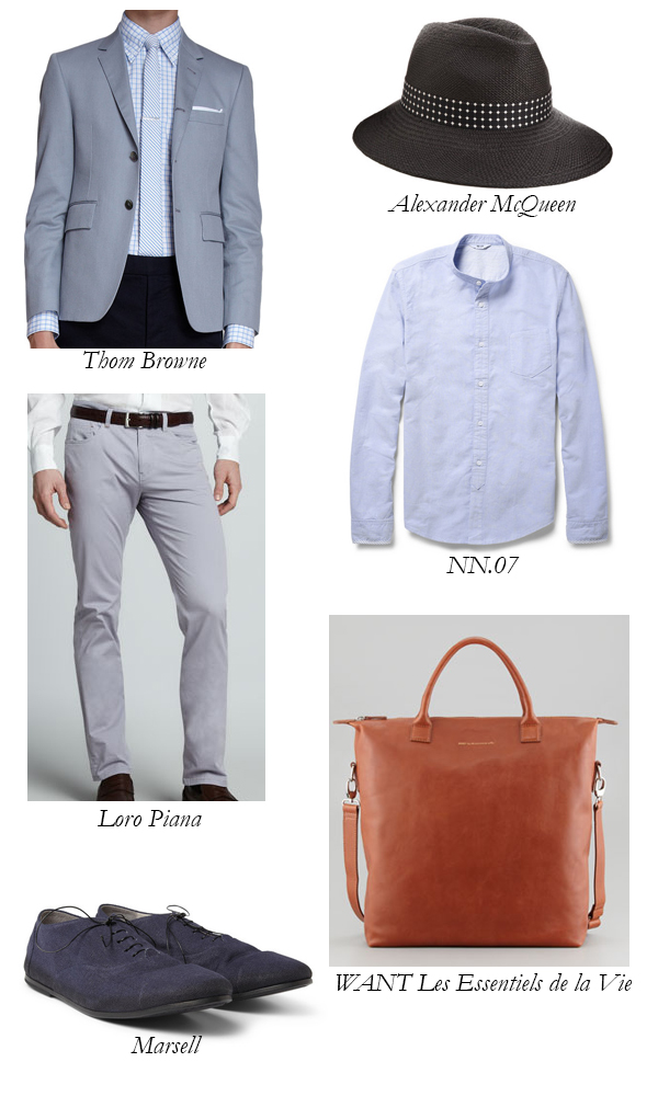 Thom Browne Jacket, Loro Piana Pants, Marsell Oxfords, Alexander McQueen Hat, NN.07 Shirt, WANT Les Essentiels de la Vie Tote