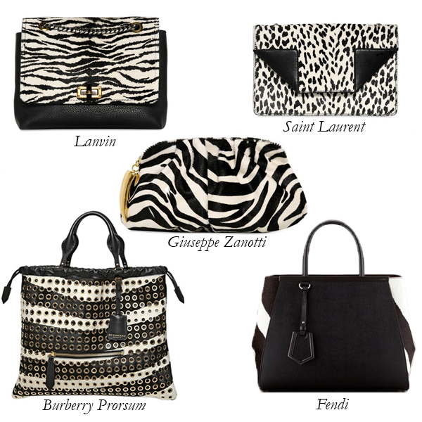 Lanvin, Burberry Prorsum, Fendi, Saint Laurent, Giuseppe Zanotti Black and White Animal Print Bags