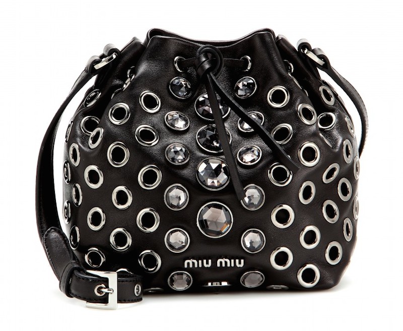 Miu Miu Crystal-Embellished Leather Drawstring Bag